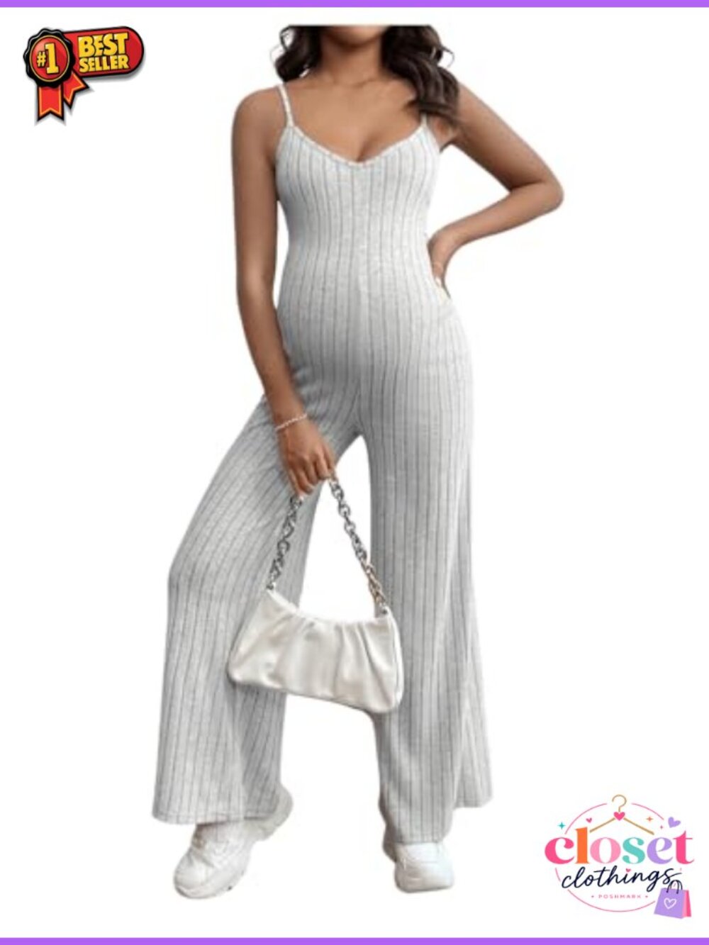 Maternity V Neck Ribbed Knit Jumpsuit Adjustable Spaghetti Strap
